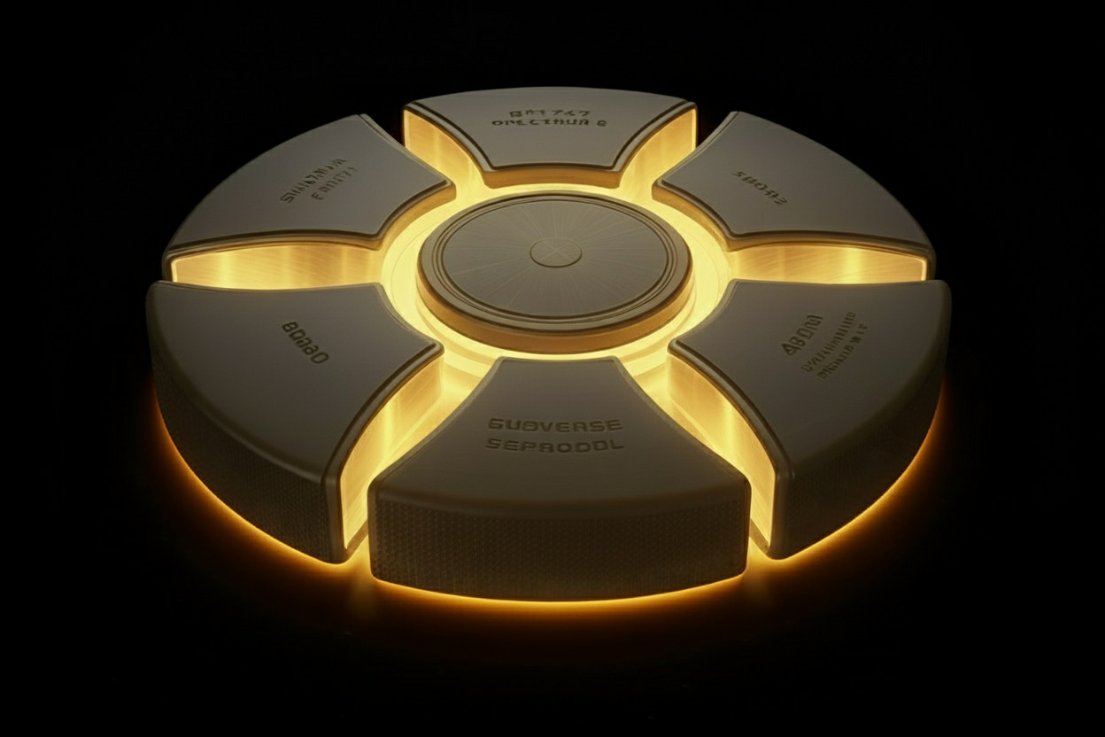 P.U.C.K.S. device floating in black void with glow between segments